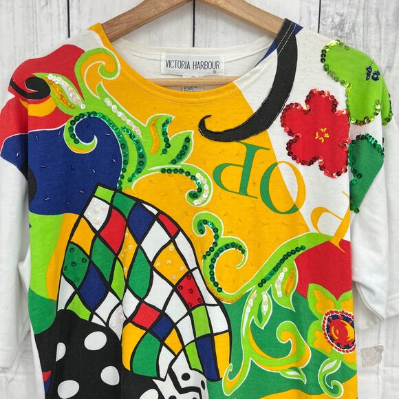 VINTAGE 90's Victoria Harbor MEDIUM Art to Wear Beaded Sequin Tee Shirt T-Shirt - Picture 3 of 8